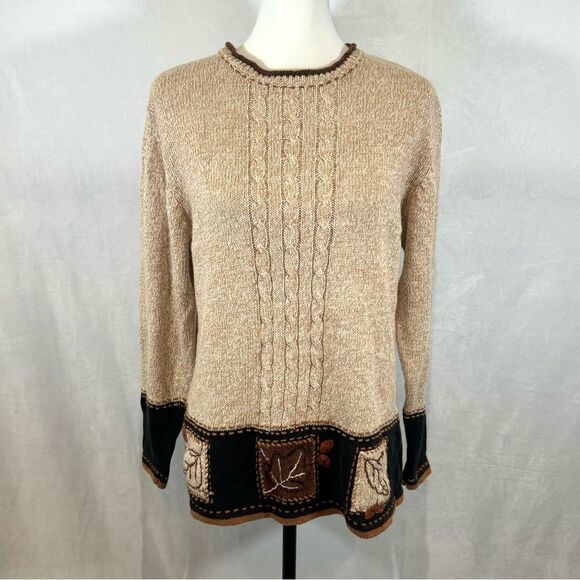 Erika Ramie Cotton blend tan & black fall leaf block pattern knit sweater medium - Picture 1 of 6